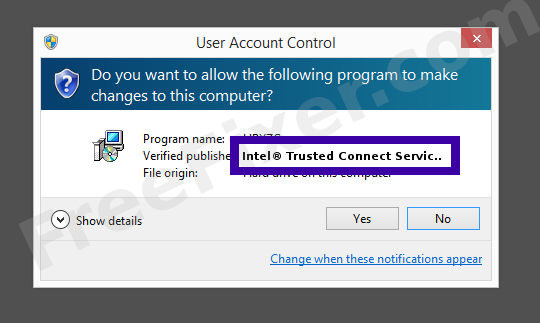 Screenshot where Intel® Trusted Connect Service appears as the verified publisher in the UAC dialog